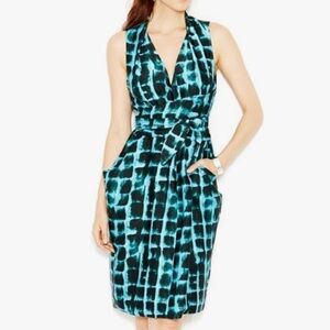 Rachel Roy Teal Blue Printed Robe Wrap Sleeveless Sheath Dress Size 8